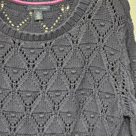 TOMMY HILFIGER Sweater Womens Size XL Navy Open 3D Popcorn Knit Classic Preppy - Picture 2 of 7